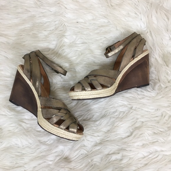 Leather Peep Toe Wooden Espadrille Fossil Wedges - Picture 4 of 8